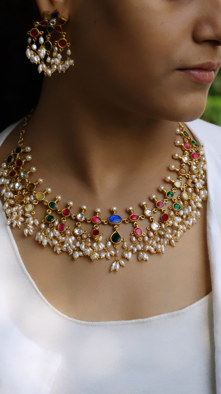 Kundan navratan necklace set (4-5858)(R)(preorder)