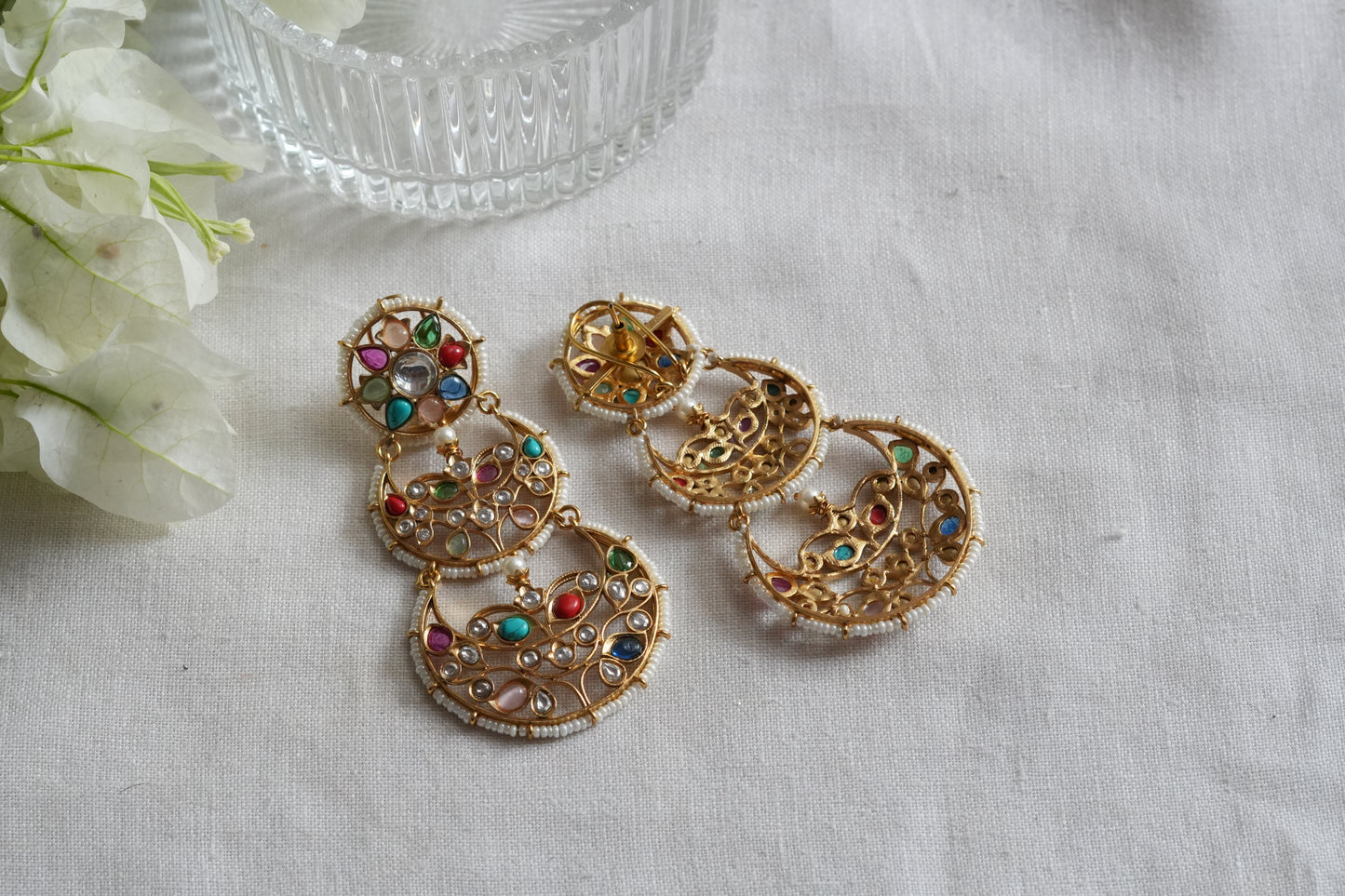 Navratan Polki Chandbali Earrings (1-5445)(B)