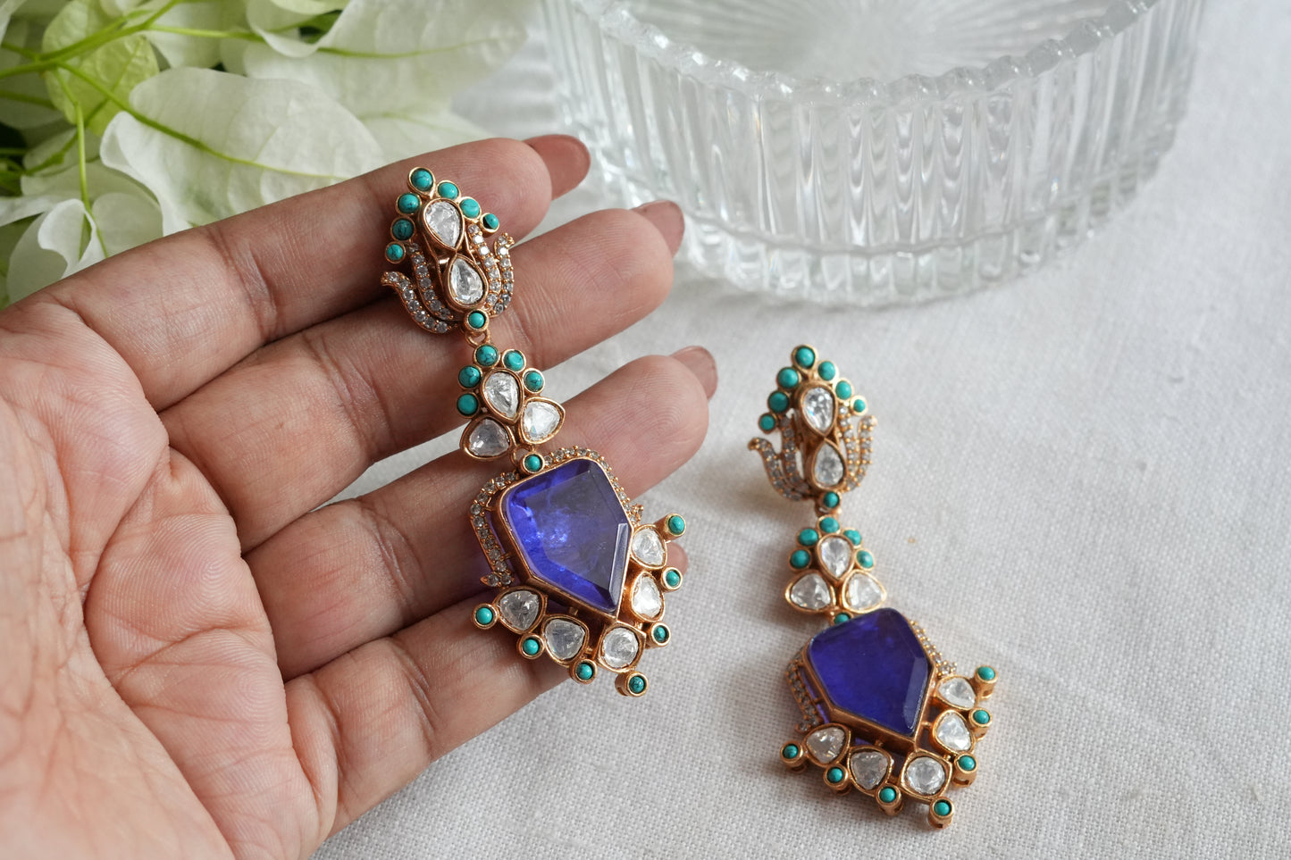 Blue & Turquoise Stone Polki earrings(1-5453)(SR)
