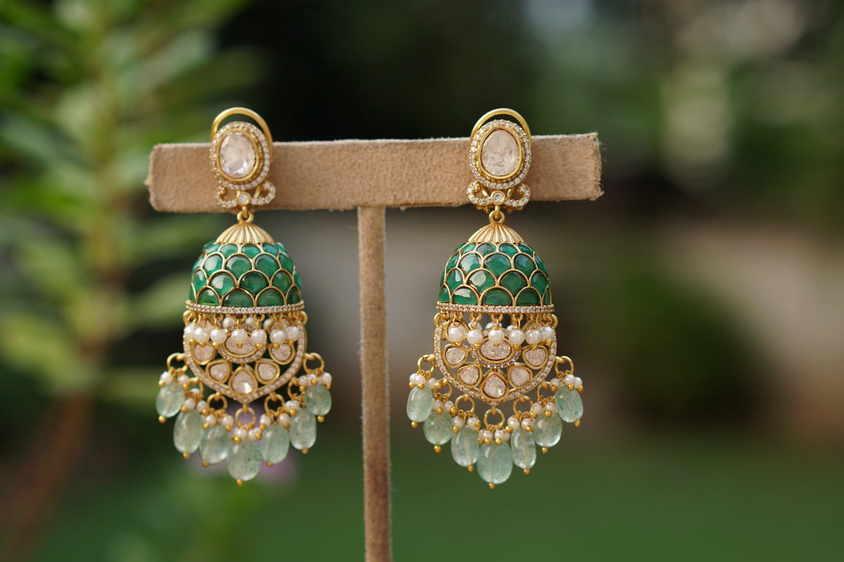 Green stone Polki Jhumki (1-5608)(B)