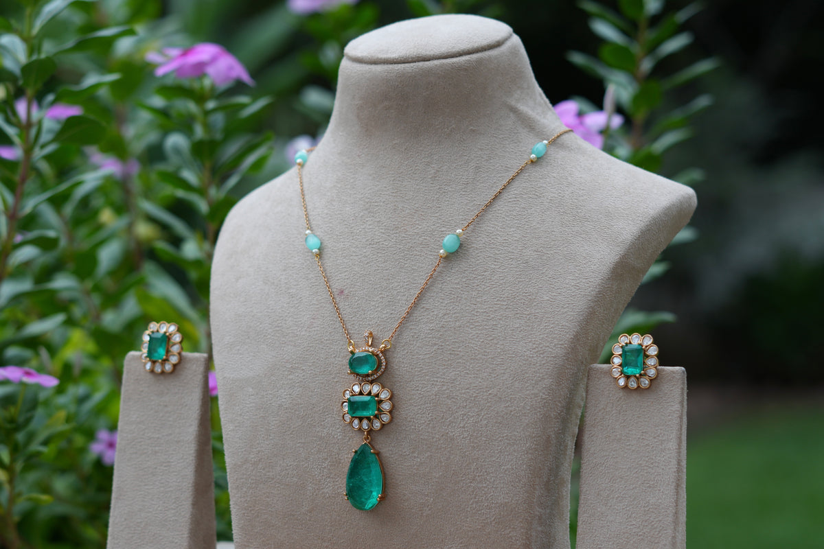 Green doublet Stone Polki Pendant Set (4-9481)(B)