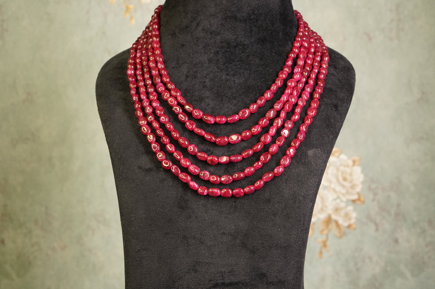 5 Line Ruby Beads Necklace (4-9447)(F)
