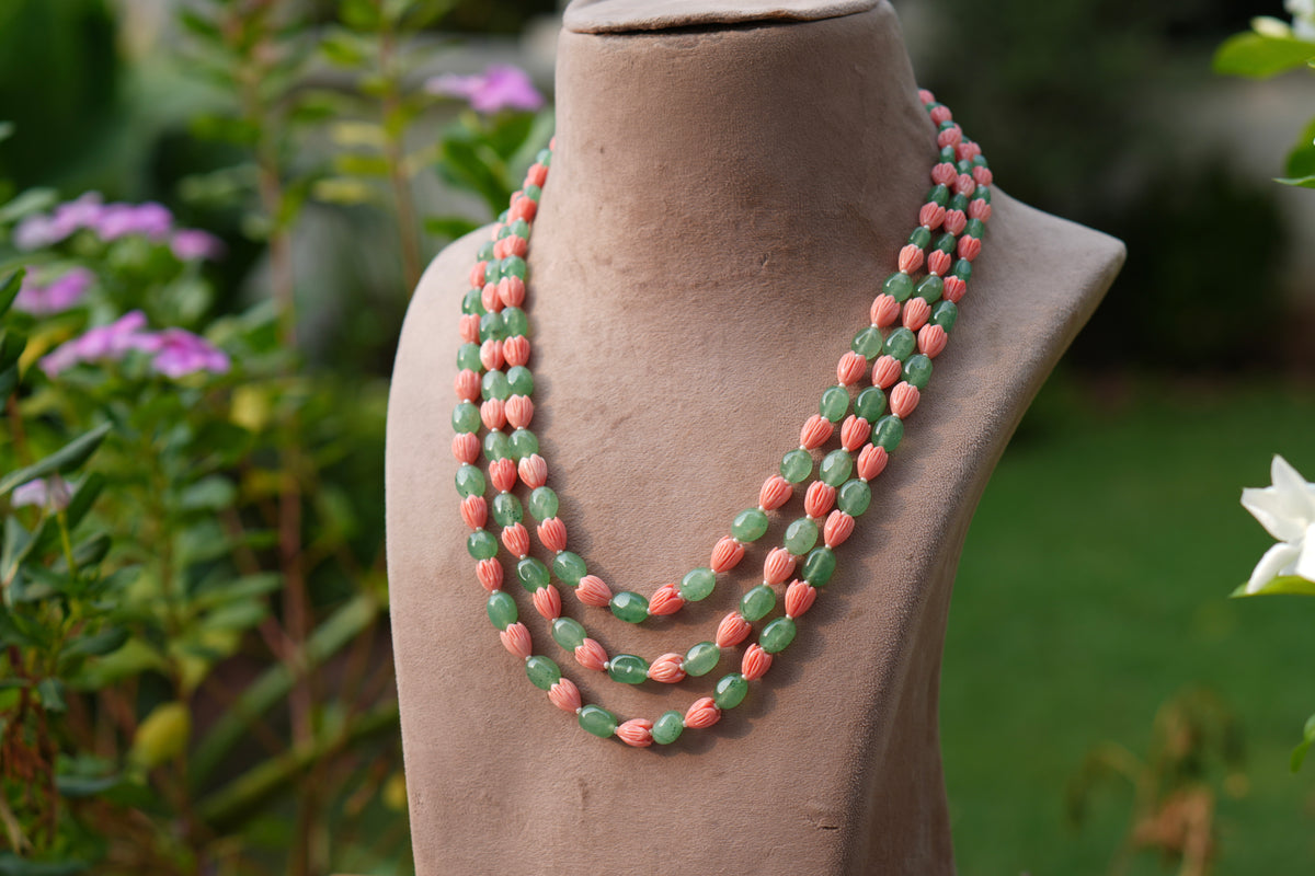 Green n pink beads Necklace (4-9755)(Ex)