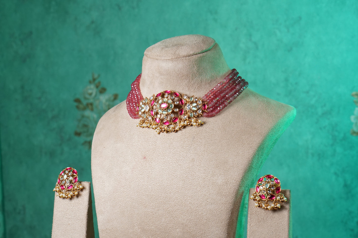 Ruby, White & Mint Stone Polki Choker Set (4-9529)(NEM)