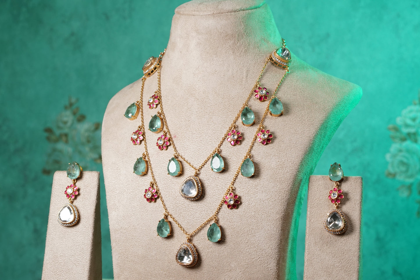 Mint Stone Polki Necklace Set (4-9526)(NEM)