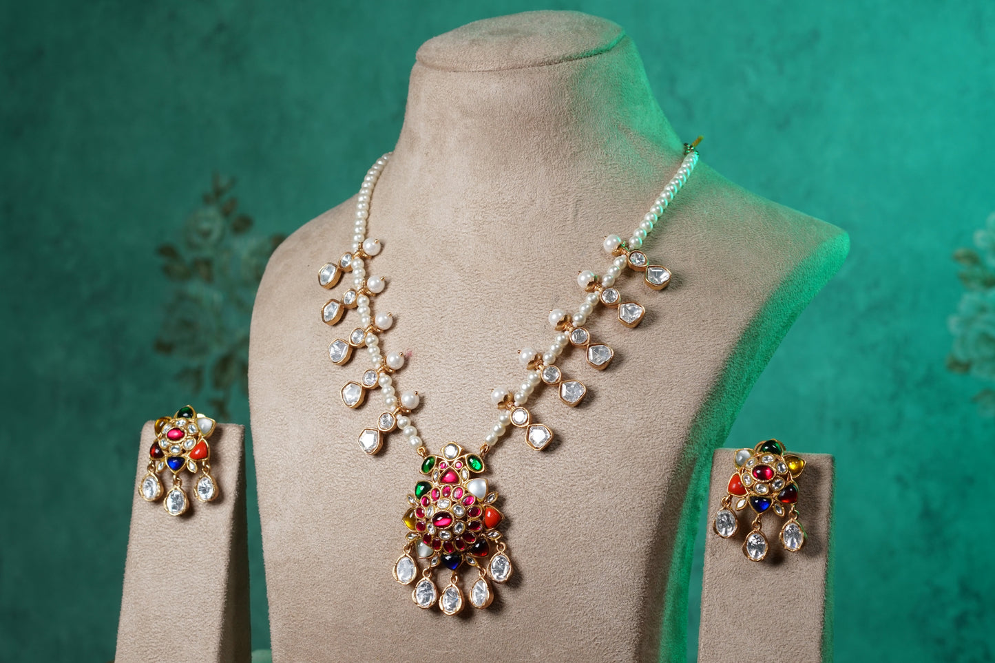 Navratan Stone Polki Necklace Set (4-9518)(NEM)