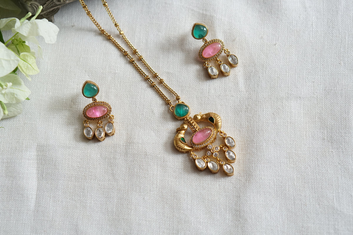Pink & Green Stone Polki Pendant Set (4-9545)(B)