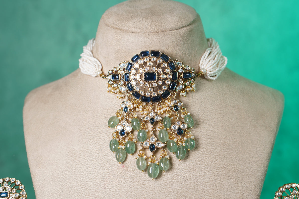Blue stone polki choker set (4-9565)(B)