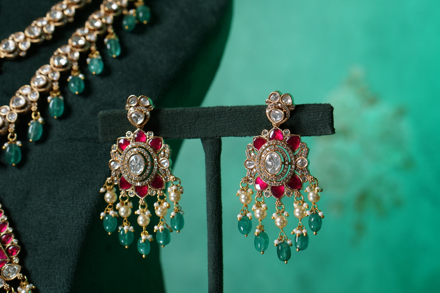Pink kundan polki long necklace set(4-9570)(B)