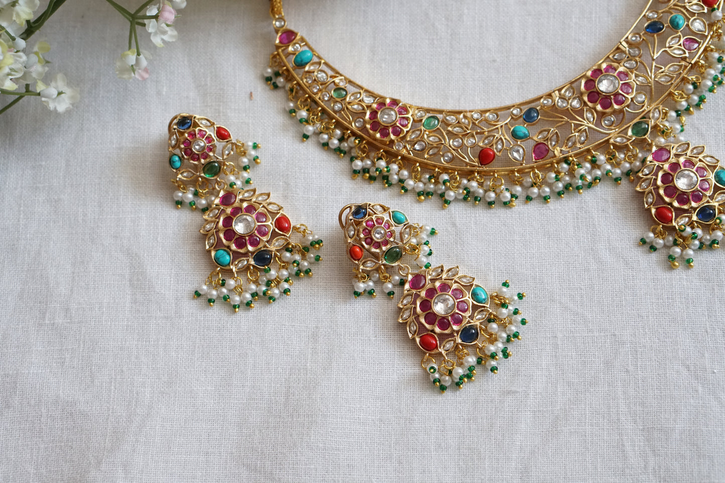 Multi Stone Polki Necklace set (4-8886)(B) - JEWELSTYLE