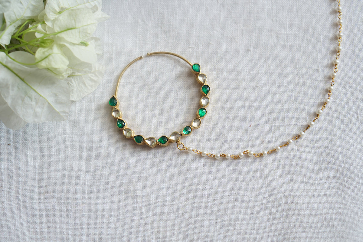 Green and White Kundan Nath (2-329)(A)