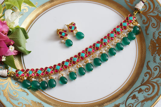 Pink & Turquoise Stone Kundan Choker set (4-8475)(R)(PREORDER) - JEWELSTYLE