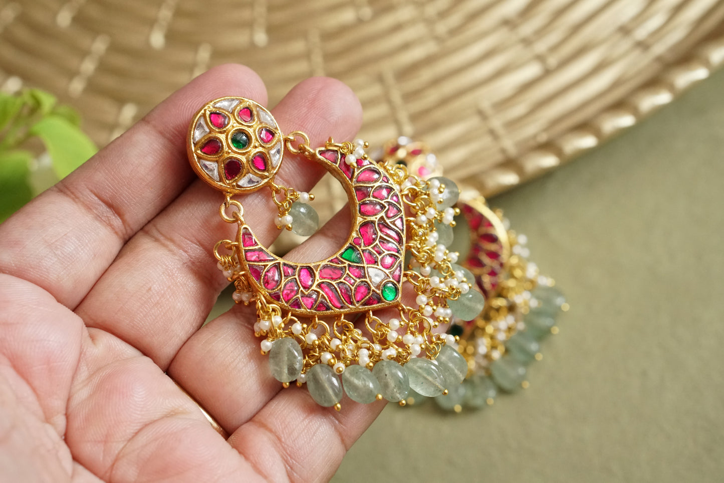 Pink &Green Kundan Chandbali earring (1-4624)(R)(preorder)