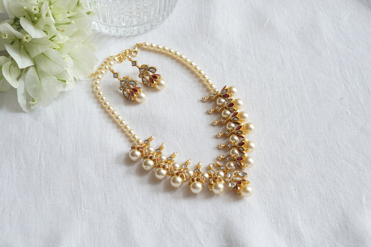 Pink kundan pearl necklace Set (4-9627)(K)