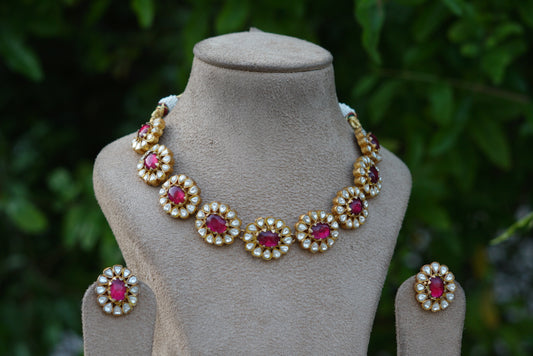 Pink stone kundan necklace set (4-6852)(R)(PREORDER)