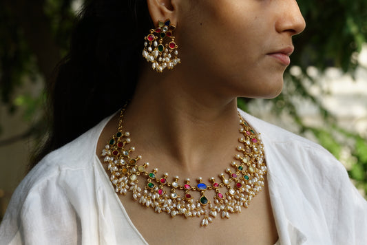 Kundan navratan necklace set (4-5858)(R)(preorder)