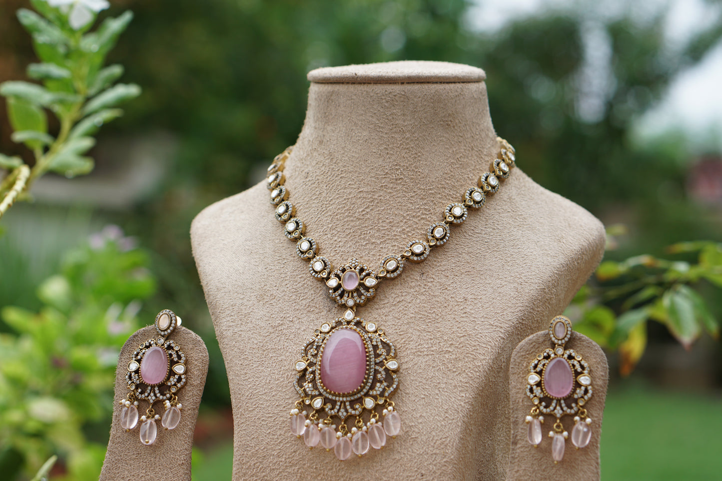Pink stone polki set (4-8206)(EX)(ALREADY DISCOUNTED PIECE) - JEWELSTYLE