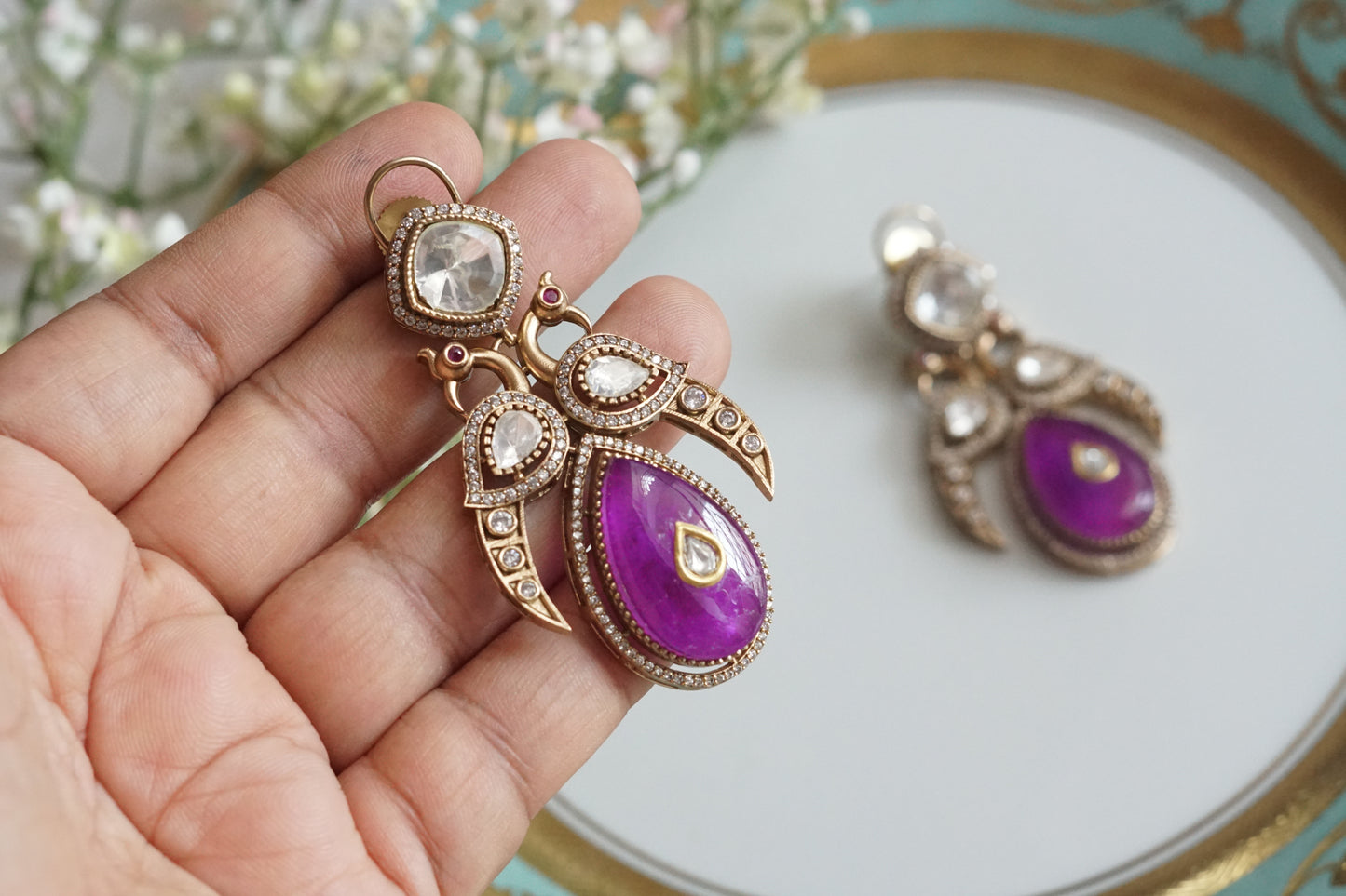Purple Stone Polki Earrings (1-5154)(B) - JEWELSTYLE