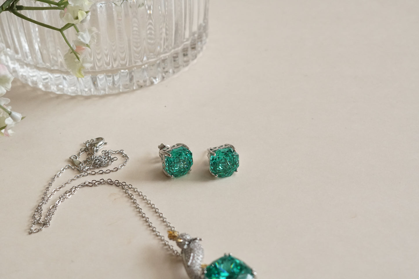 Aqua & white Stone Pendant set (4-9190)(B)(From Turkey) - JEWELSTYLE
