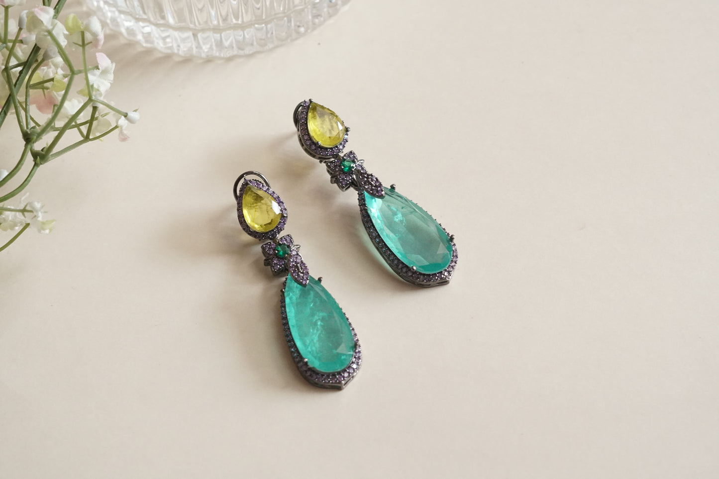 Yellow n Green stone earrings (1-5192-1)(B) - JEWELSTYLE