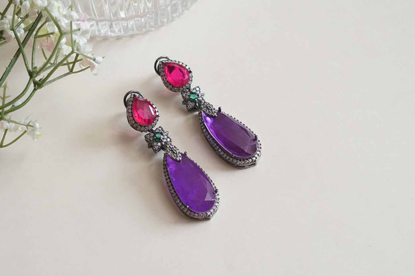 Pink n purple stone earrings (1-5203)(B)(From Turkey)