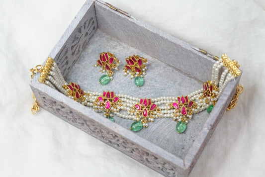 Kundan Red lotus choker set (4-6562)(R)(PREORDER)