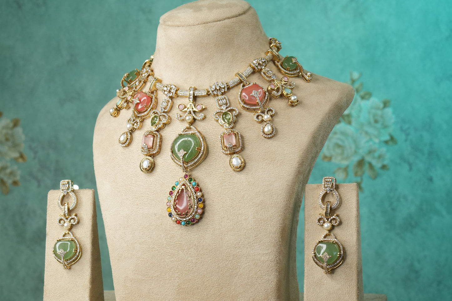 Multi Stone Polki Necklace Set (4-9139)(B) - JEWELSTYLE