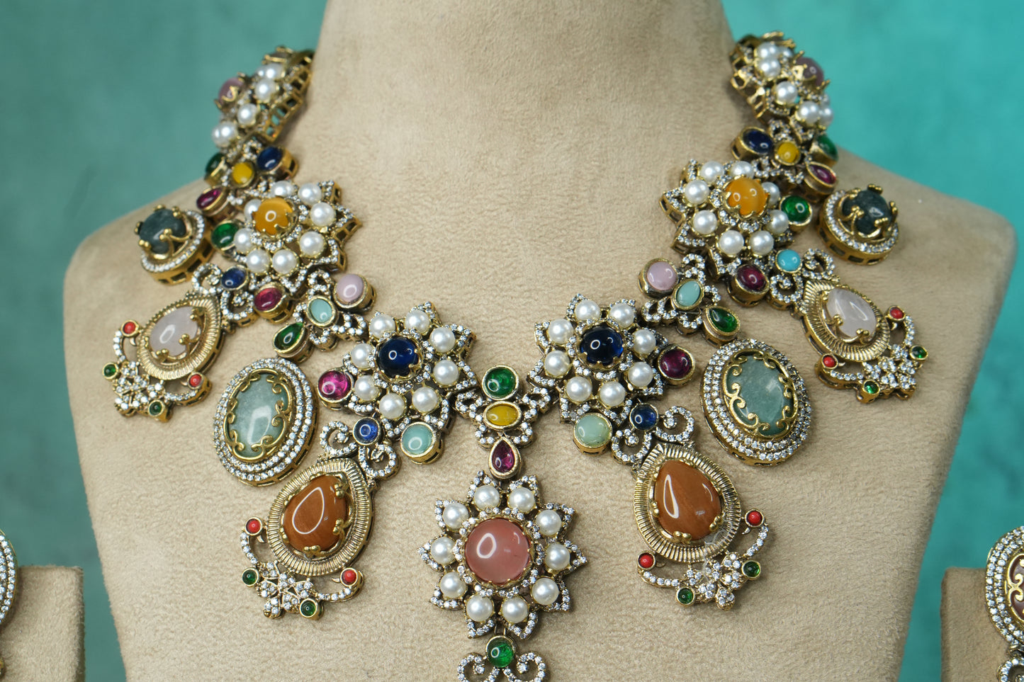 Multi Stone Polki Necklace Set (4-9140)(B) - JEWELSTYLE