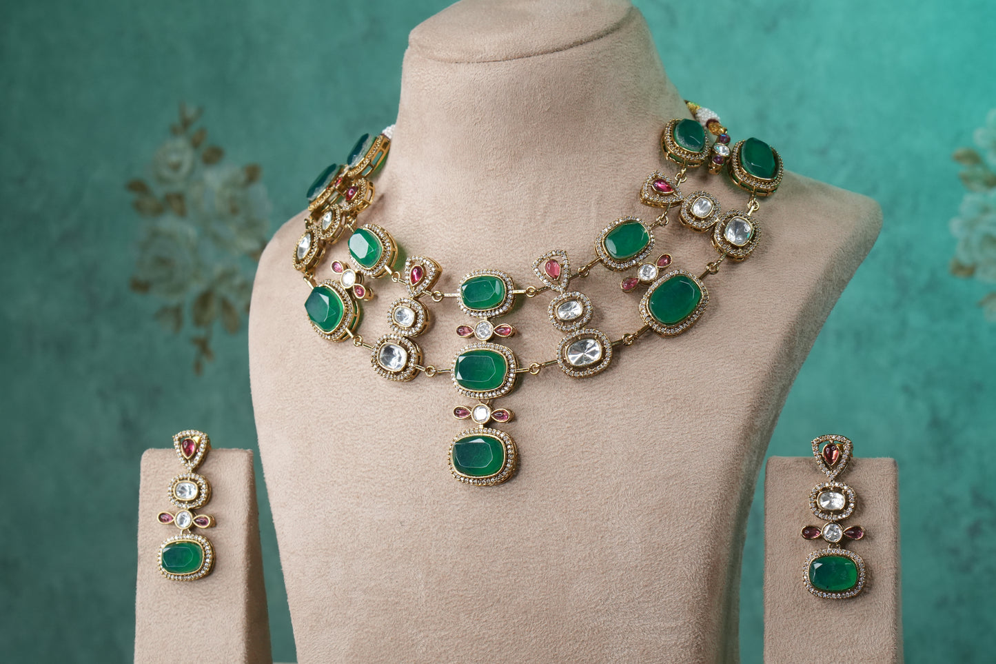 Green Stone Polki Necklace Set (4-9144)(B) - JEWELSTYLE
