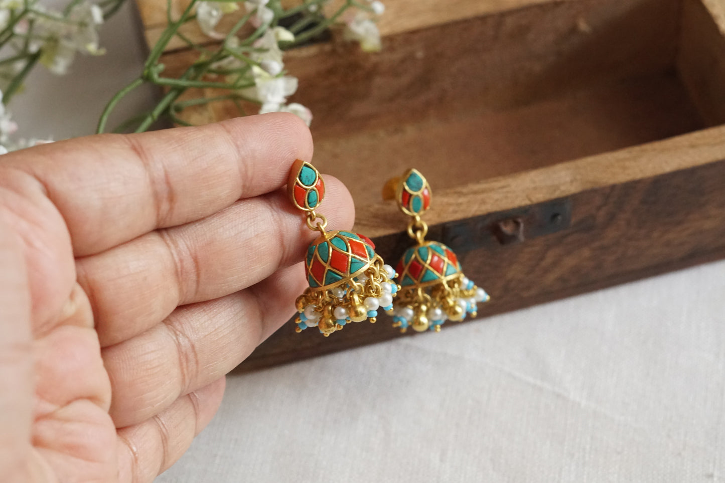 Turquoise Or Coral Kundan Jhumki (1-5261)(R)