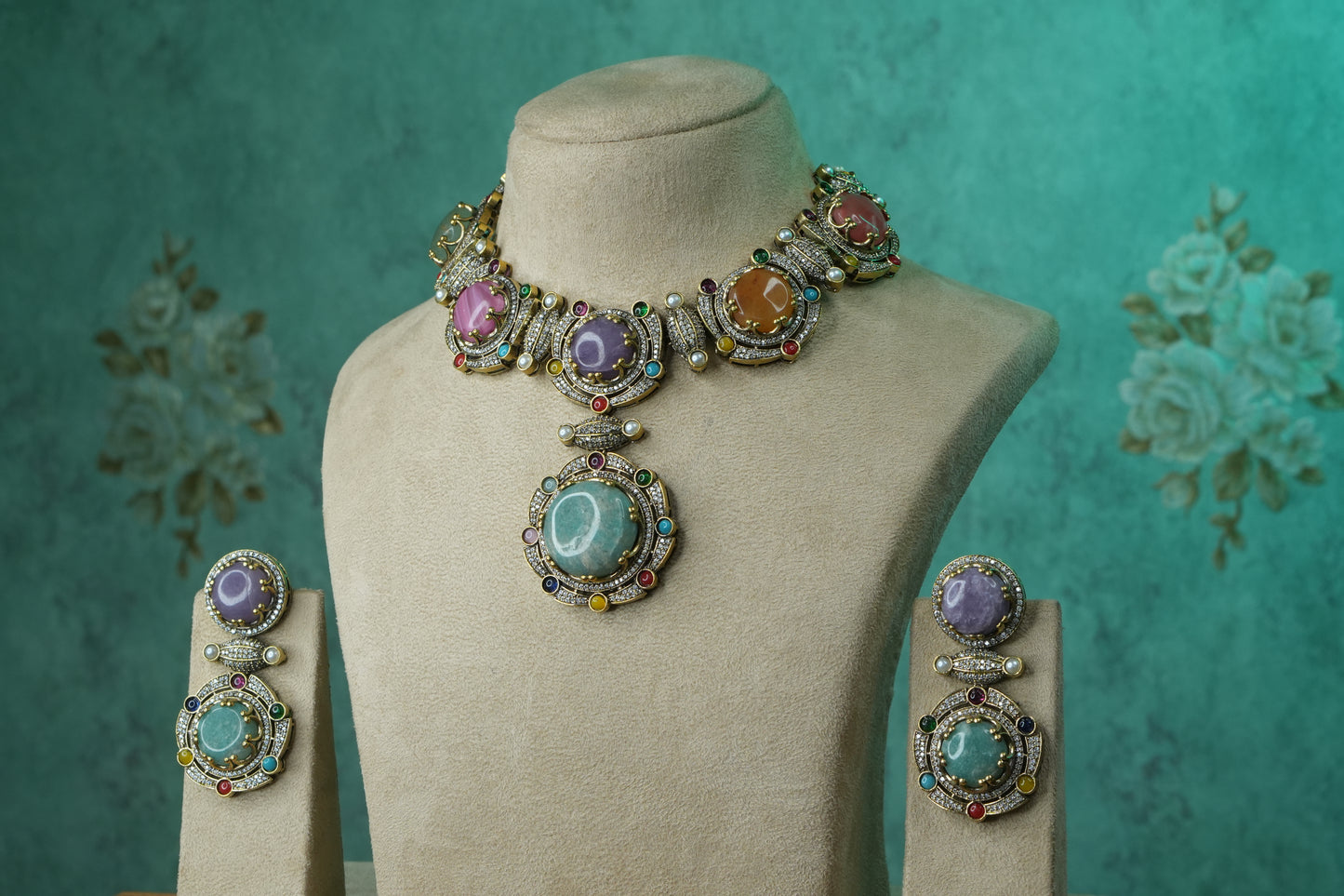 Multi Stone Polki Necklace Set (4-9120)(B) - JEWELSTYLE