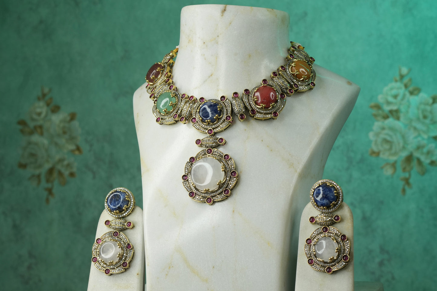 Multi Stone Polki Necklace Set (4-9122)(B) - JEWELSTYLE