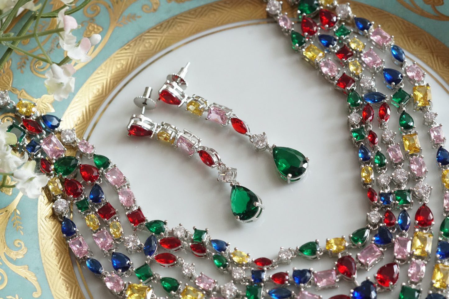 Multi Stone AD Necklace Set(4-9096)(B)(OFFER PRICE) - JEWELSTYLE