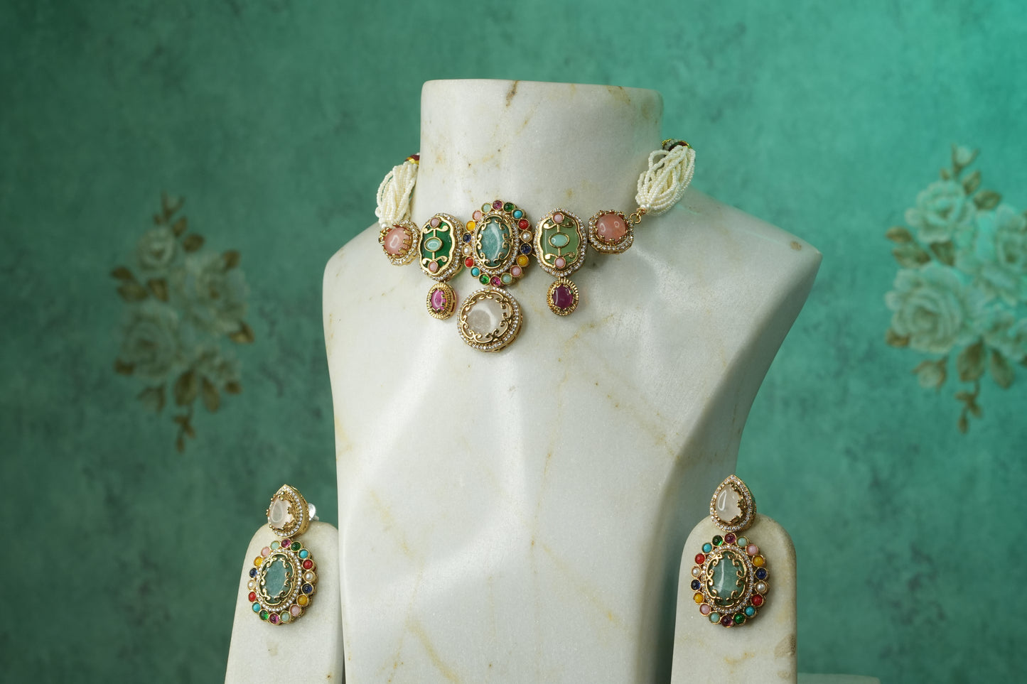 Multi Stone Polki Choker Set (4-9149)(B) - JEWELSTYLE