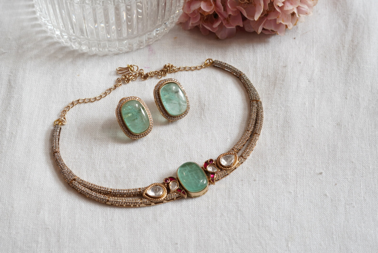 Light Green Polki Necklace Set (4-7886)(B)