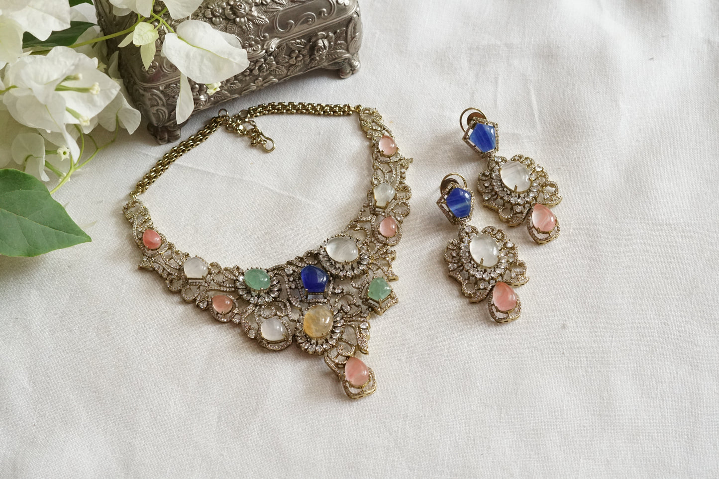Multi Stone Ad Necklace Set (4-9379)(B)