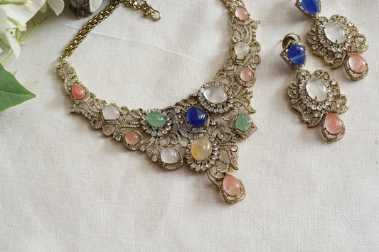 Multi Stone Ad Necklace Set (4-9379)(B)
