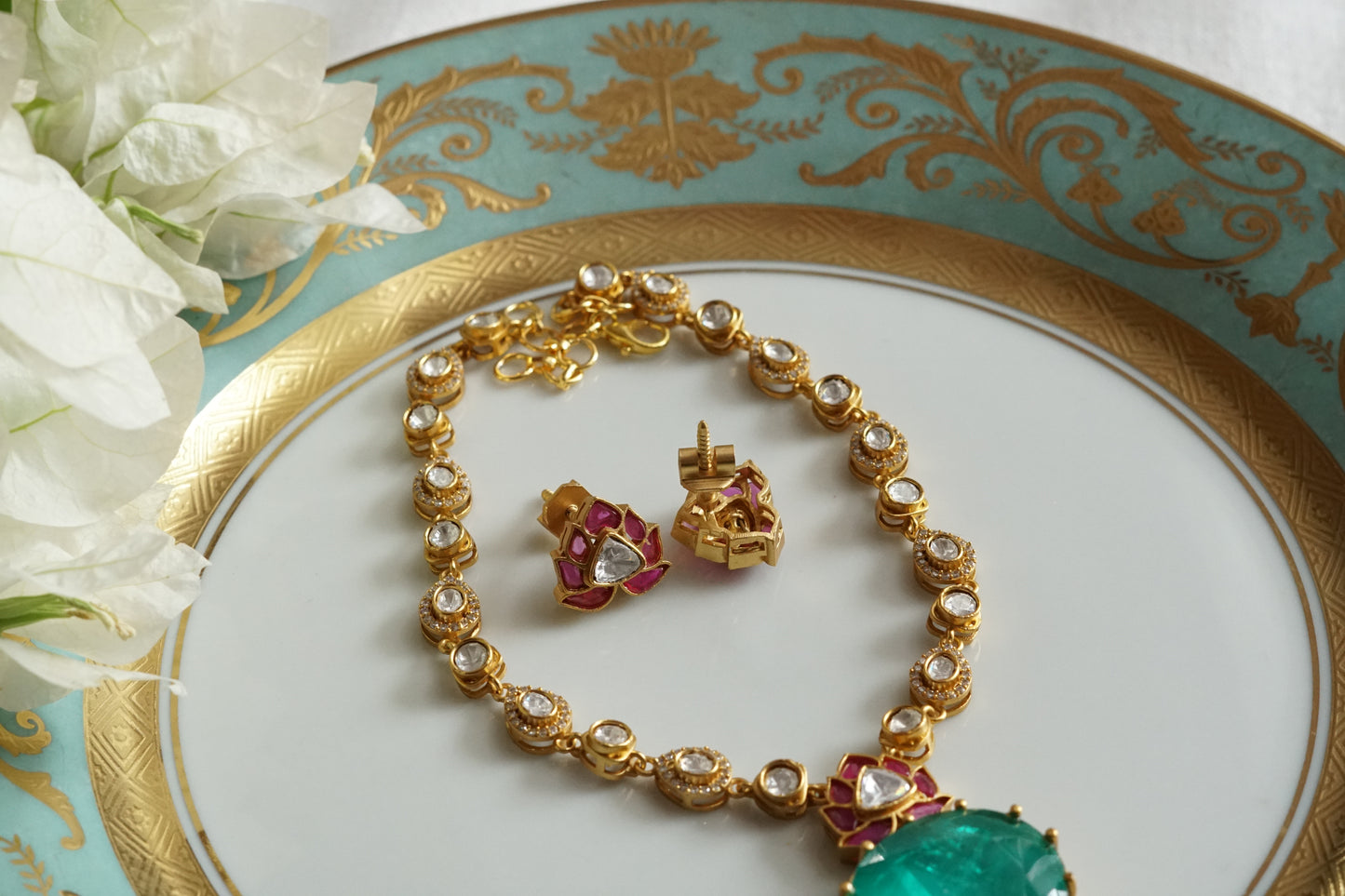 Doublet Stone Mossainite Polki Necklace Set (4-9391)(K)
