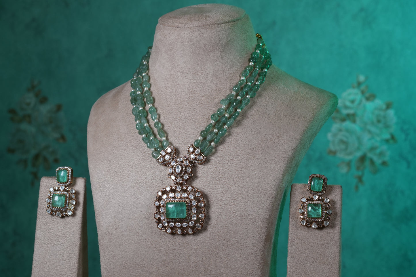 Green Stone Necklace Set(4-9372)(B)