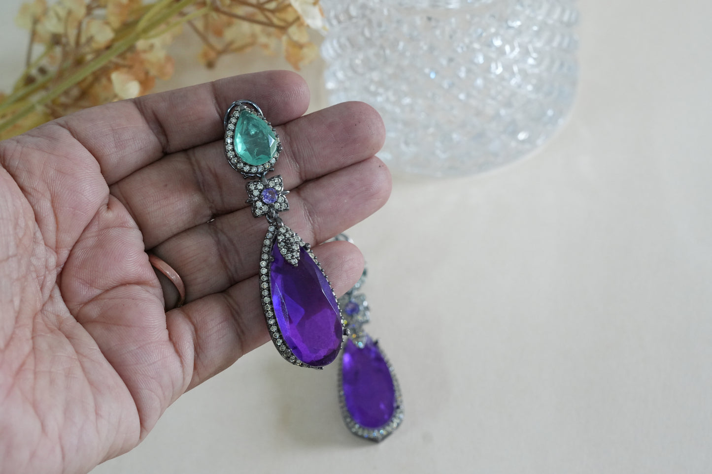 Light Green & Purple Stone Earrings (1-5375)(B)(From turkey)