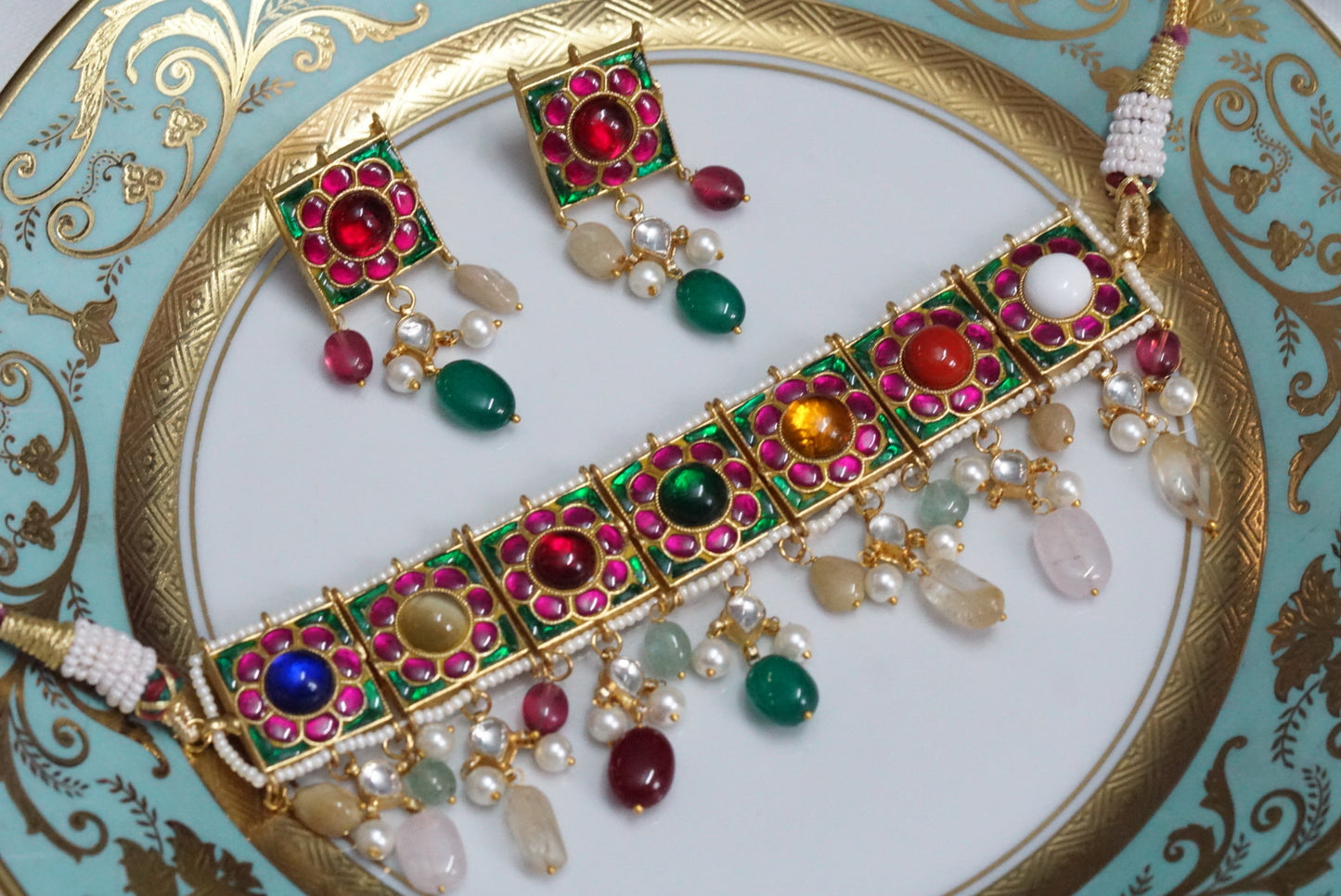 Kundan Navratan necklace set (4-5905)(R)(preorder)(OFFER PIECE) - JEWELSTYLE