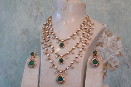 3 Line Green stone Polki necklace set (4-7290)(B)(PREORDER) - JEWELSTYLE