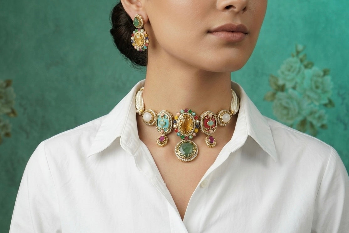 Multi Stone Polki Choker Set (4-9150)(B) - JEWELSTYLE