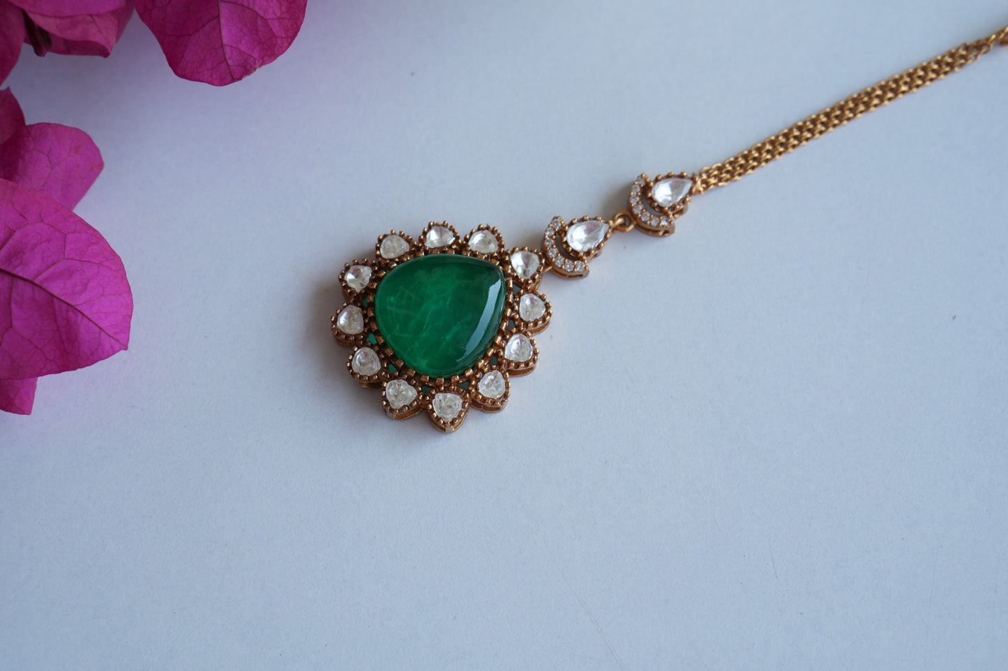 Green Stone Polki Maangtika (5-1671)(B) - JEWELSTYLE