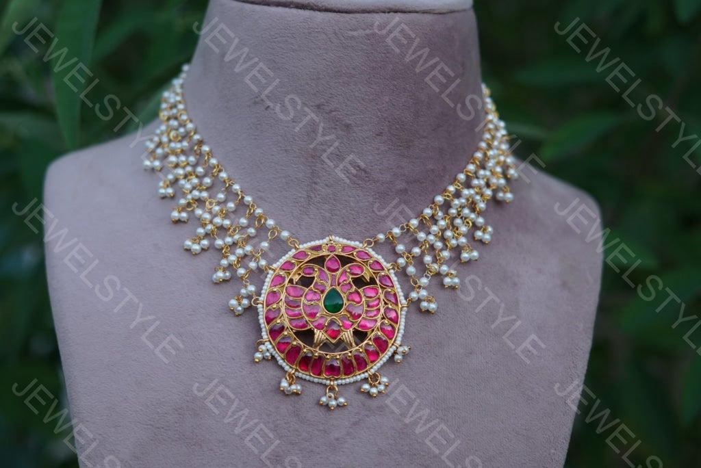 Round Pink Kundan Pendant Necklace (4-2459)(preorder)