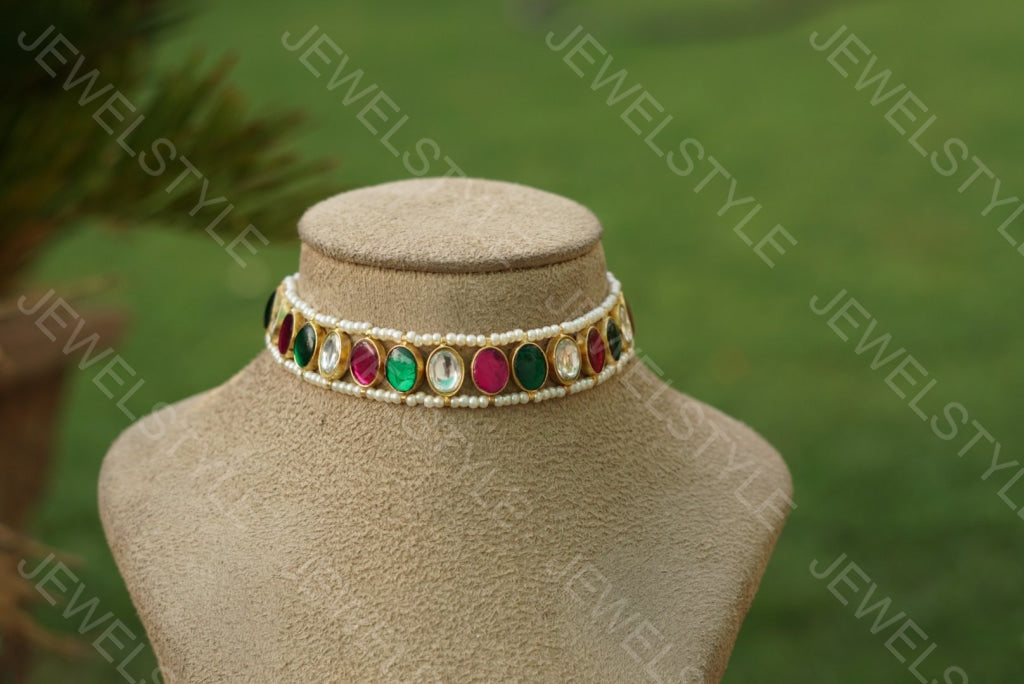 Multicolour Small Kundan choker(4-1947)(R)(PREORDER) - JEWELSTYLE
