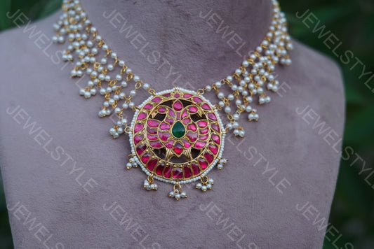 Round Pink Kundan Pendant Necklace (4-2459)(preorder)