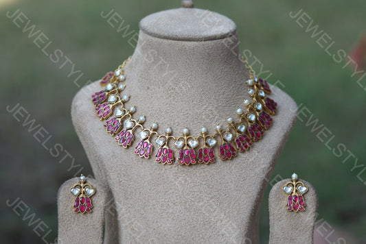 Pink lotus kundan Necklace set (4-4978)(AK)