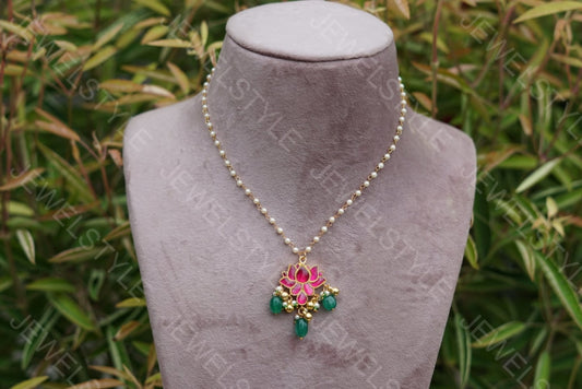 Pink Kundan lotus Pendant (4-1597-c)(PREORDER)