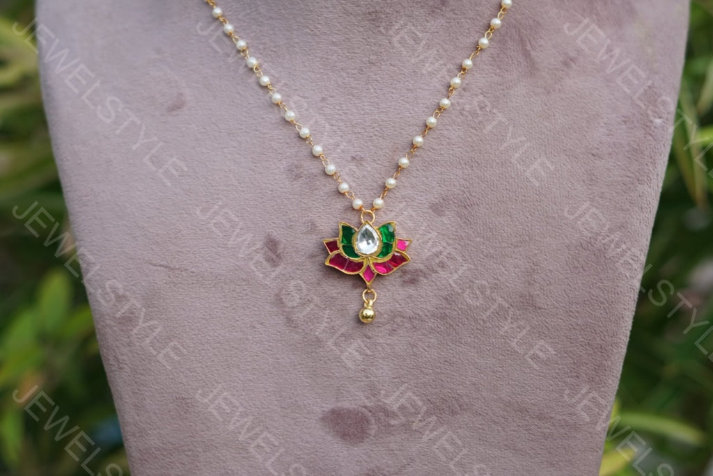 Kundan lotus pendant Chain(4-2013) - JEWELSTYLE